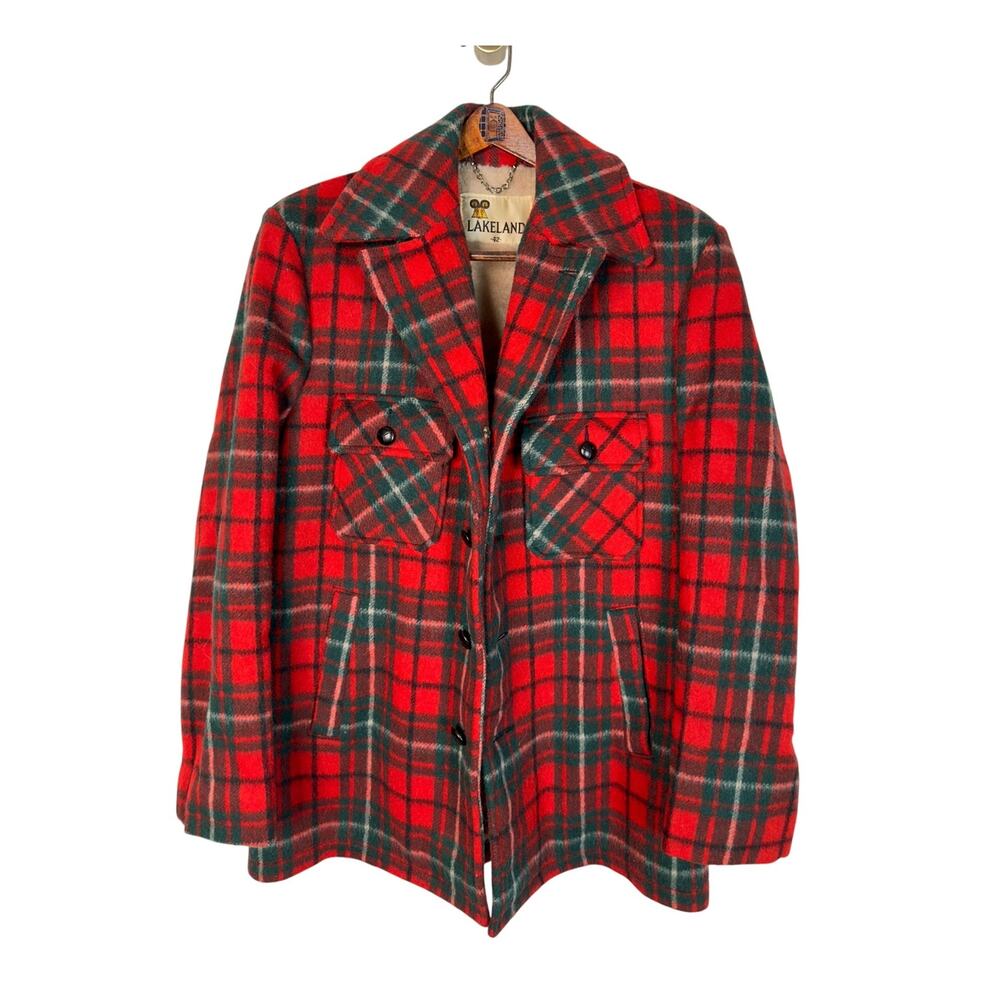 Huckberry Vintage L Wool Plaid Barn Coat $450 Shearling Chore Jacket Red 42 - Picture 4 of 9